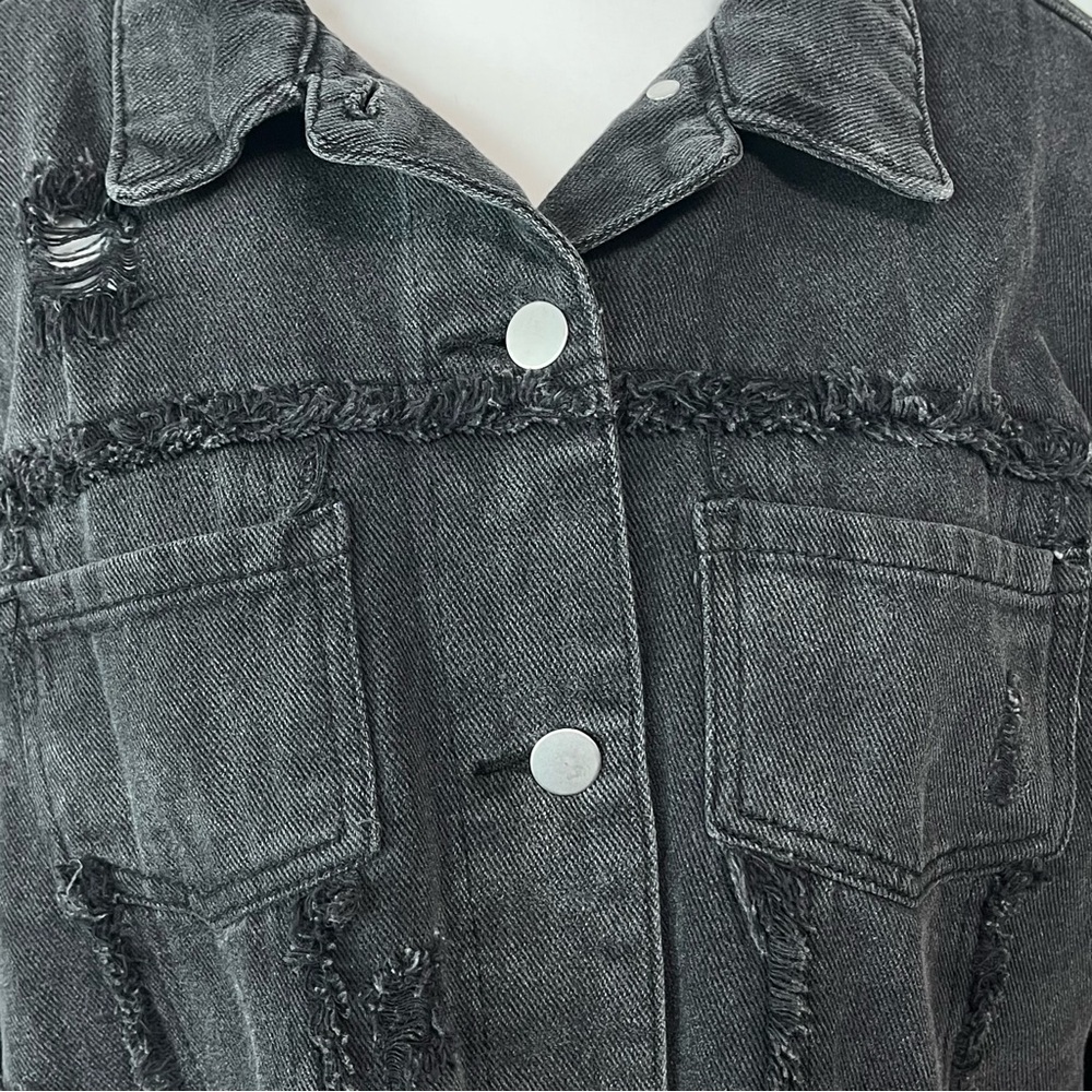 POL Star Spangled Kisses Washed Black Distressed Denim Jean Jacket M Boho - Picture 6 of 9